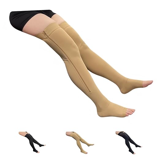 Open Toe Thigh High Compression Stockings 20-30 mmHg Zipper