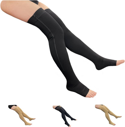 Open Toe Thigh High Compression Stockings 20-30 mmHg Zipper