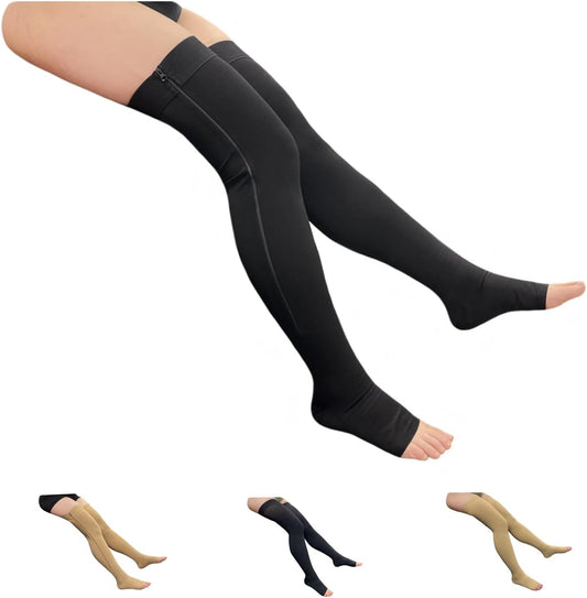 Open Toe Thigh High Compression Stockings 20-30 mmHg Zipper