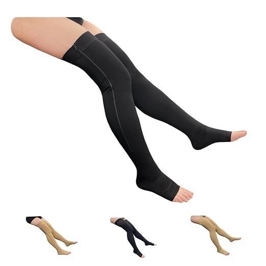 Open Toe Thigh High Compression Stockings 20-30 mmHg Zipper