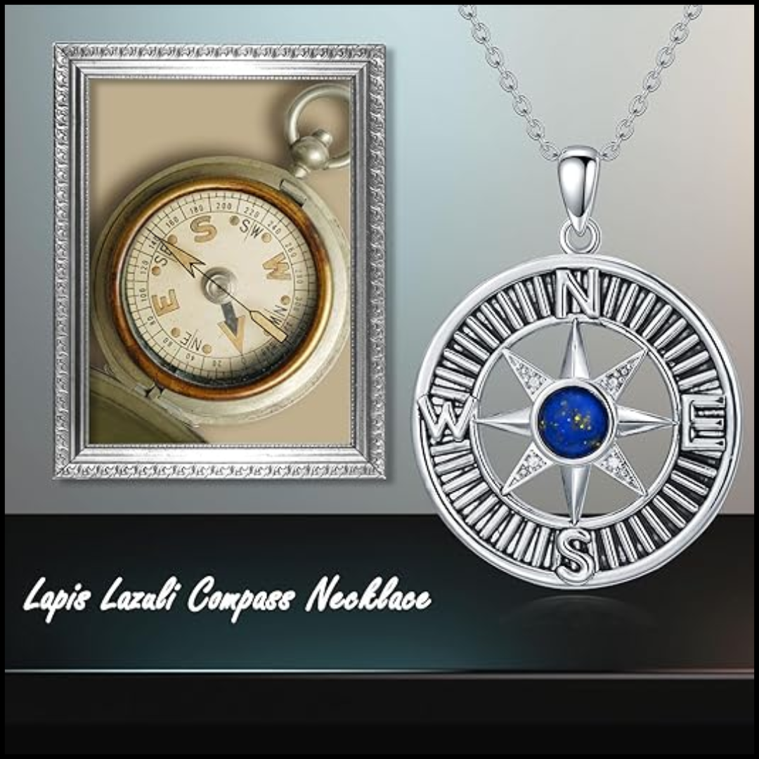 Lapis Lazuli Lobster Clasp Sterling Silver Compass Necklace For Women