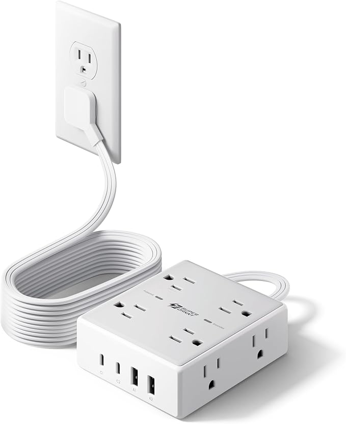 Flat Plug Surge Protector Power Strip | 8 AC + 4 USB Ports