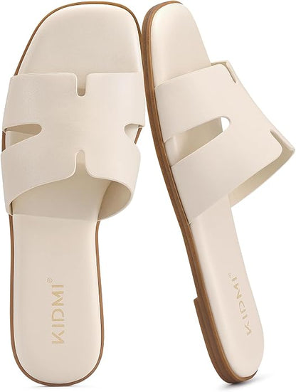 Premium Leather Slide Sandals | Cushioned Square Toe Flats