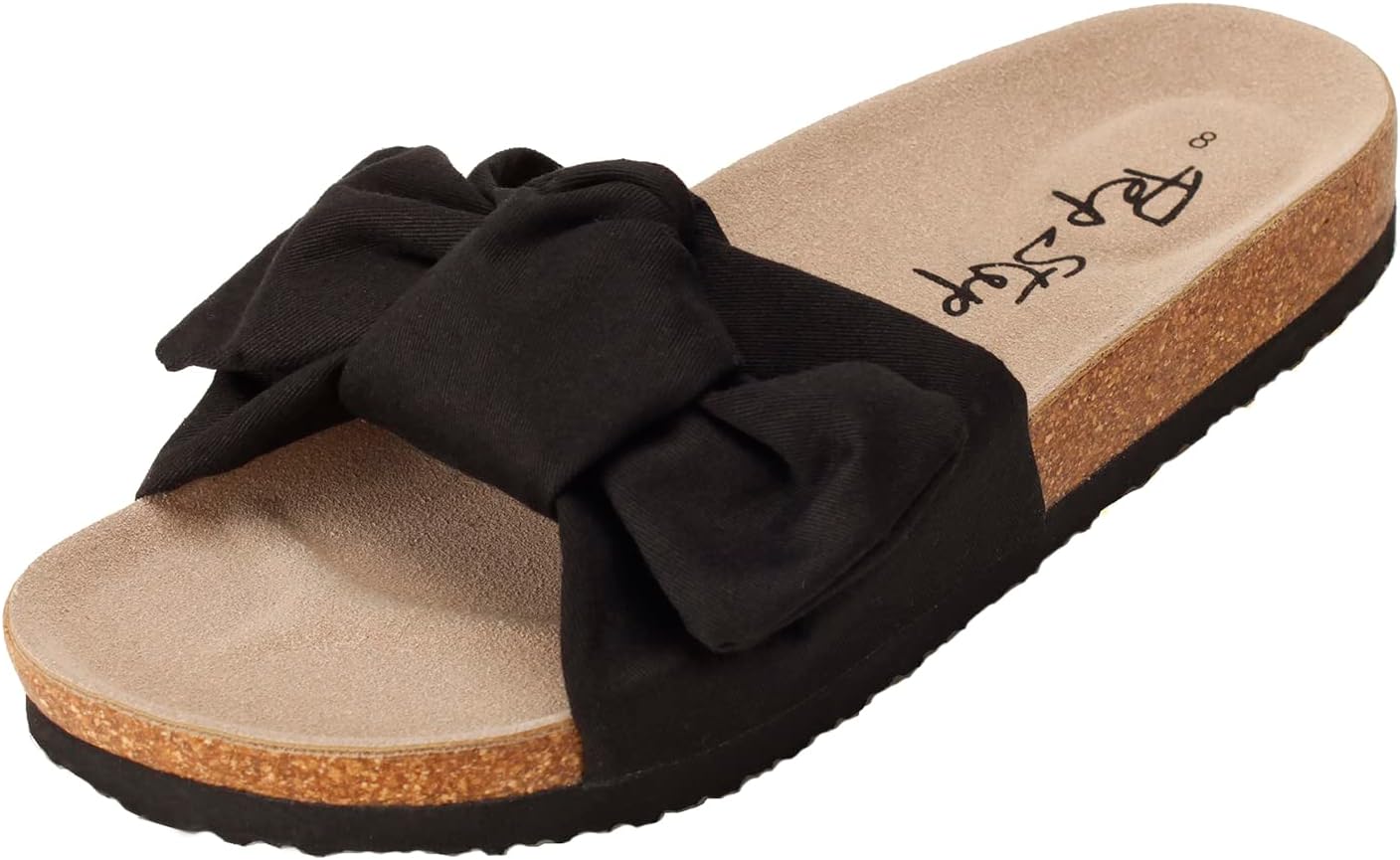 Women's Cork Footbed Slide Sandals with Bow Tie Detail