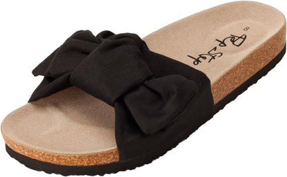 Women's Cork Footbed Slide Sandals with Bow Tie Detail