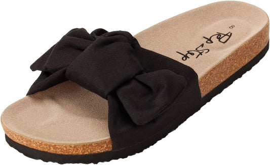 Women's Cork Footbed Slide Sandals with Bow Tie Detail