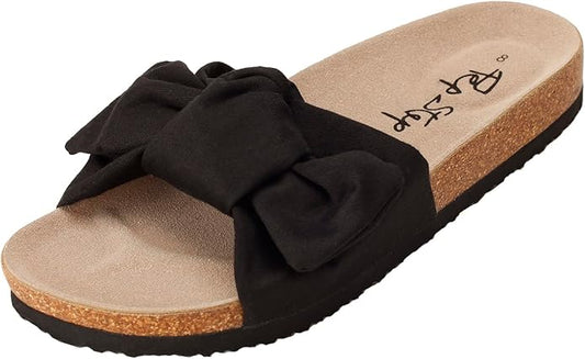 Women's Cork Footbed Slide Sandals with Bow Tie Detail