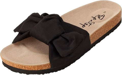 Women's Cork Footbed Slide Sandals with Bow Tie Detail