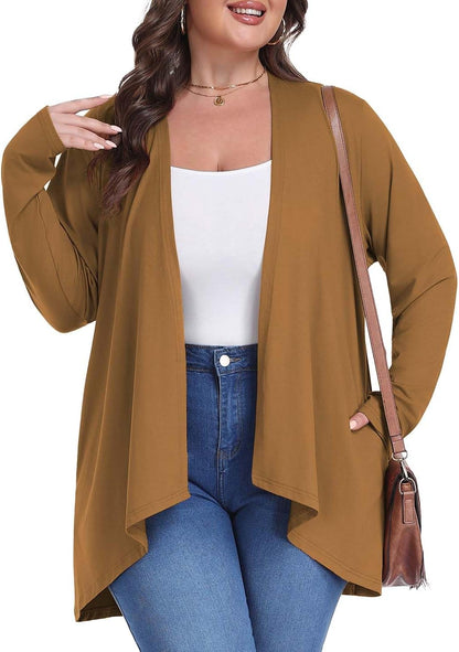 Plus Size Lightweight Draped Cardigan with Pockets - Summer