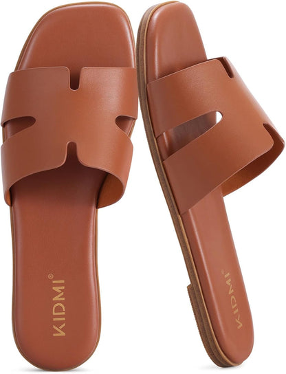 Premium Leather Slide Sandals | Cushioned Square Toe Flats