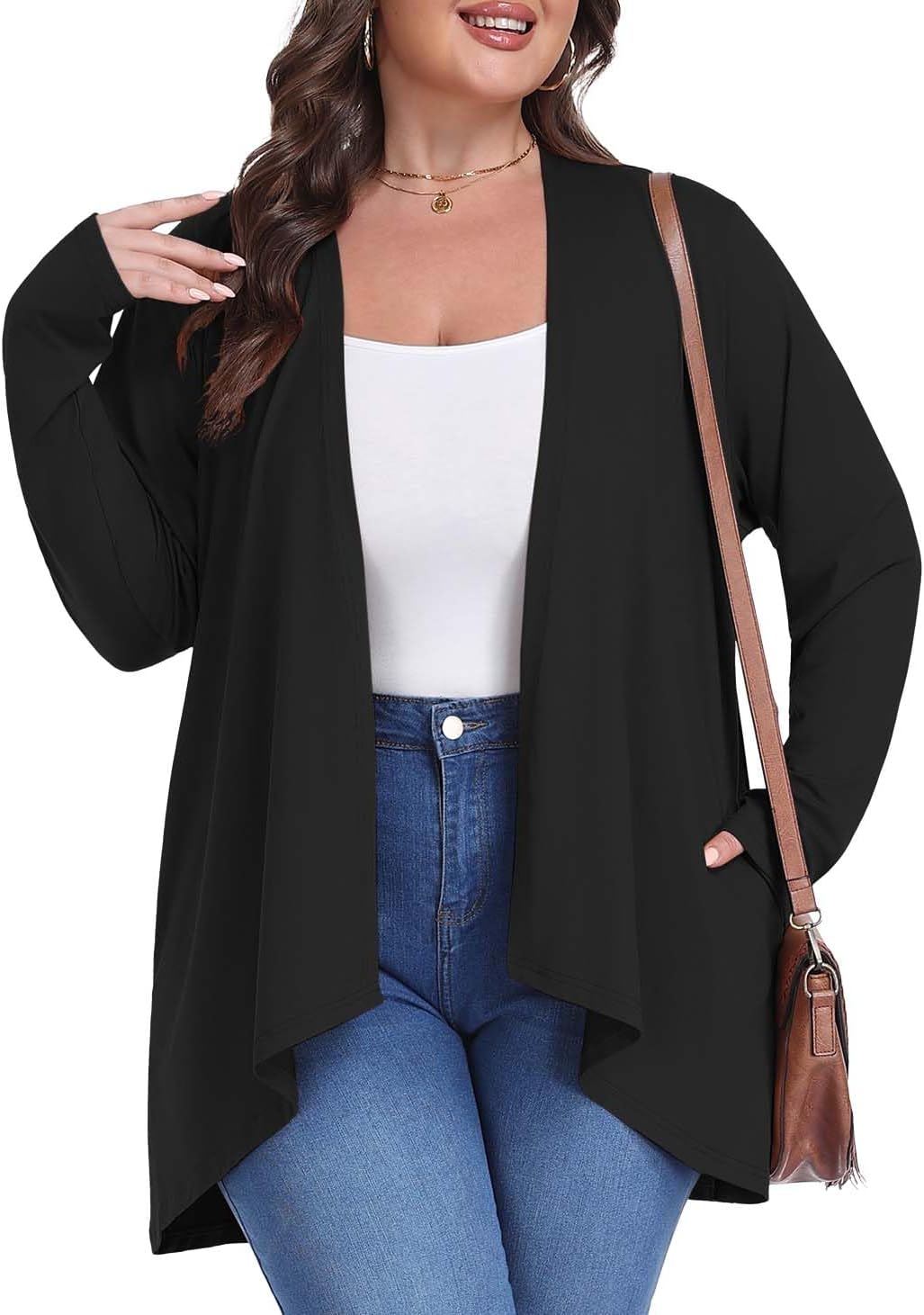 Plus Size Lightweight Draped Cardigan with Pockets - Summer