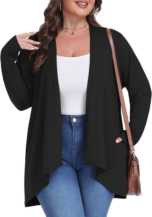 Plus Size Lightweight Draped Cardigan with Pockets - Summer