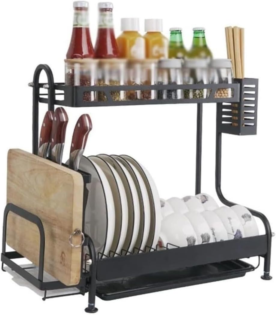2-Tier Metal Dish Drying Rack with Multifunctional Storage