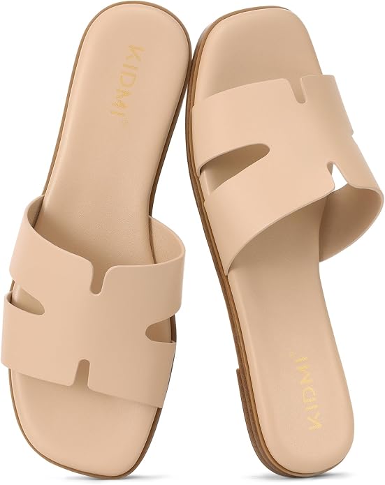 Premium Leather Slide Sandals | Cushioned Square Toe Flats