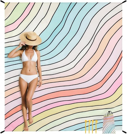 Sand-free waterproof beach blanket with stakes