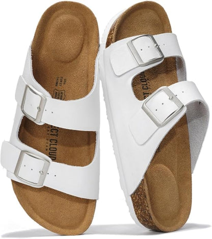 Genuine Leather Cork Footbed Slide Sandals with Memory Foam & Arch Support