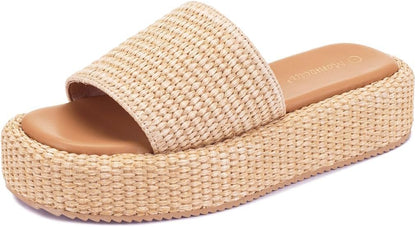 Raffia Espadrille Platform Sandals - Woven Flatform Slides