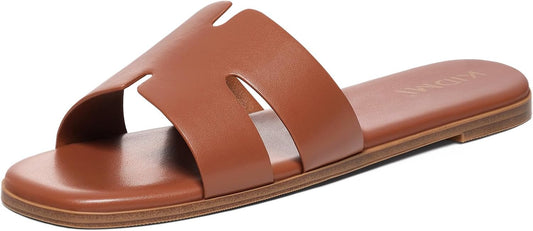 Premium Leather Slide Sandals | Cushioned Square Toe Flats