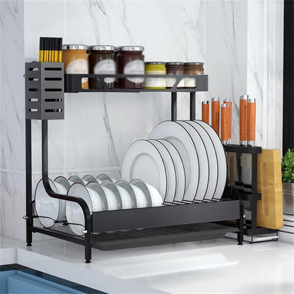 2-Tier Metal Dish Drying Rack with Multifunctional Storage