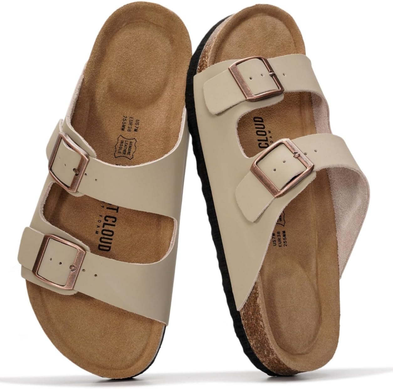 Genuine Leather Cork Footbed Slide Sandals with Memory Foam & Arch Support