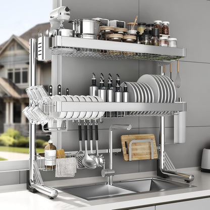 Over Sink Dish Drying Rack 3 Tier Adjustable Stainless Steel