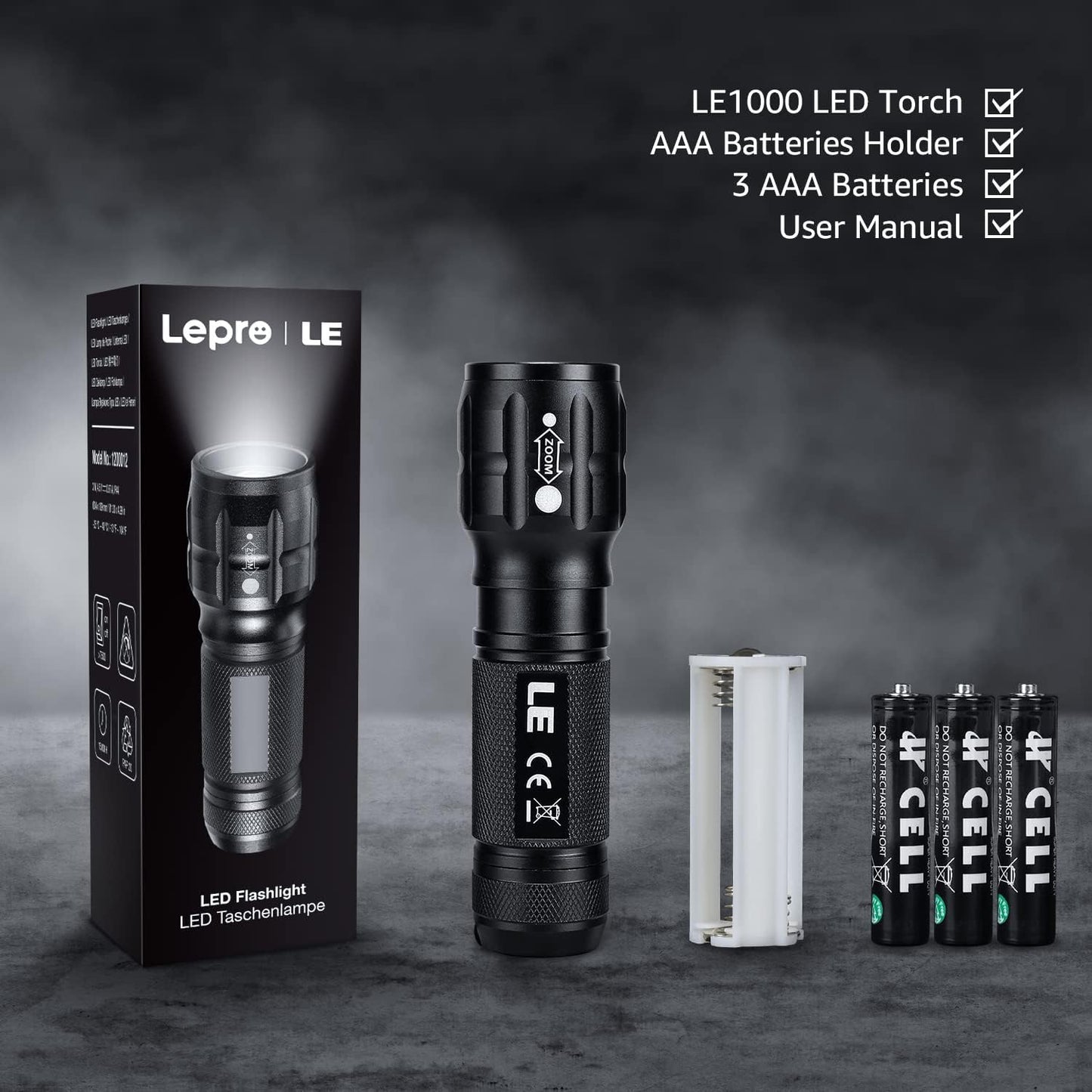 High Lumen Tactical Flashlight with Adjustable Focus & Batteries