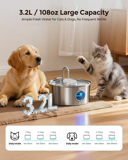 Stainless Steel Cat Water Fountain 108oz Pet Hydration System