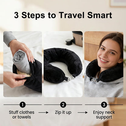 Stuffable Travel Neck Pillow - Fillable Clothes Storage