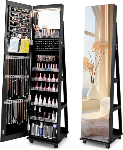 Full Length Mirror Jewelry Cabinet with Wheels & LED Lighting