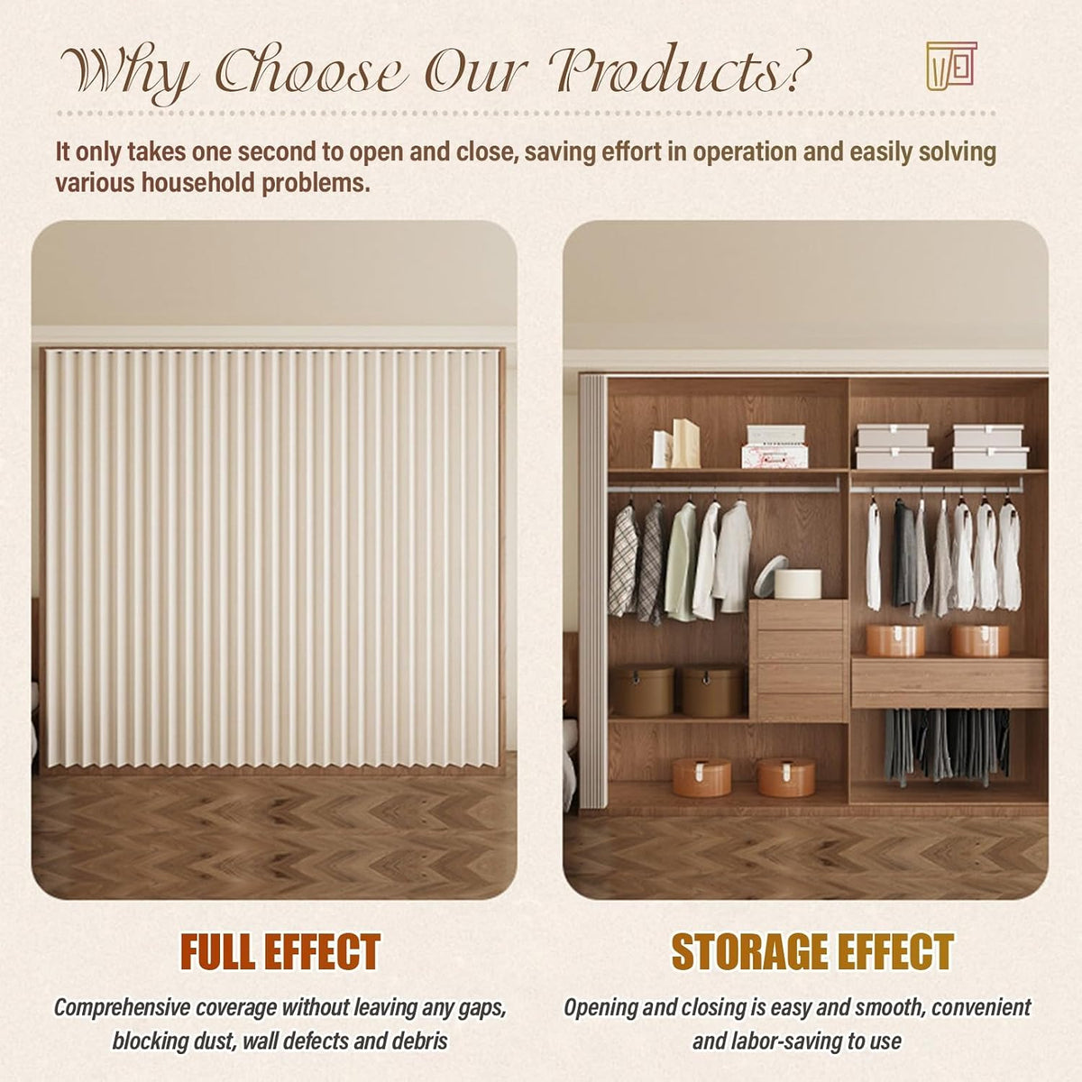 Pleated Blackout Closet Curtain with Magnetic No-Drill Track