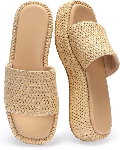 Raffia Espadrille Platform Sandals - Woven Flatform Slides