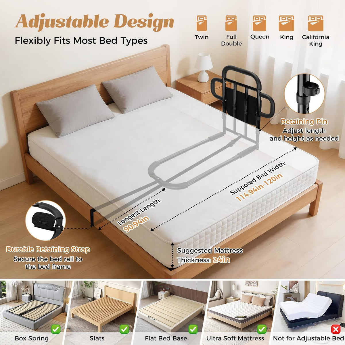 Adjustable Bed Rail with Dual Grab Bars & Sensor Light