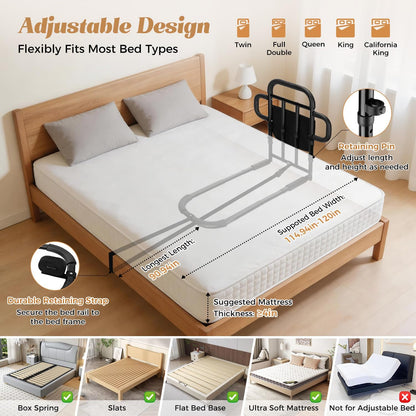 Adjustable Bed Rail with Dual Grab Bars & Sensor Light