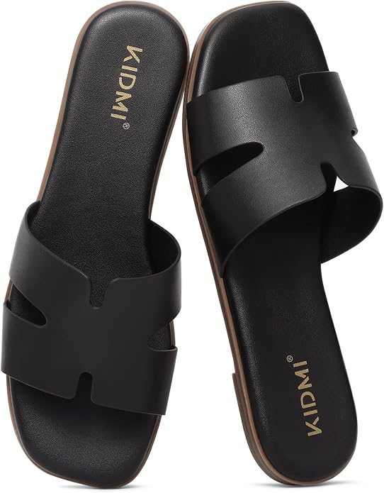 Premium Leather Slide Sandals | Cushioned Square Toe Flats