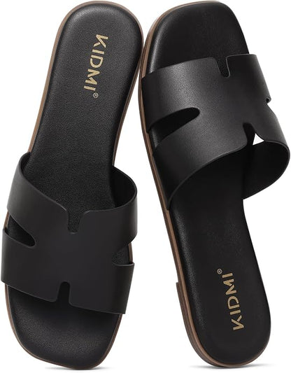 Premium Leather Slide Sandals | Cushioned Square Toe Flats