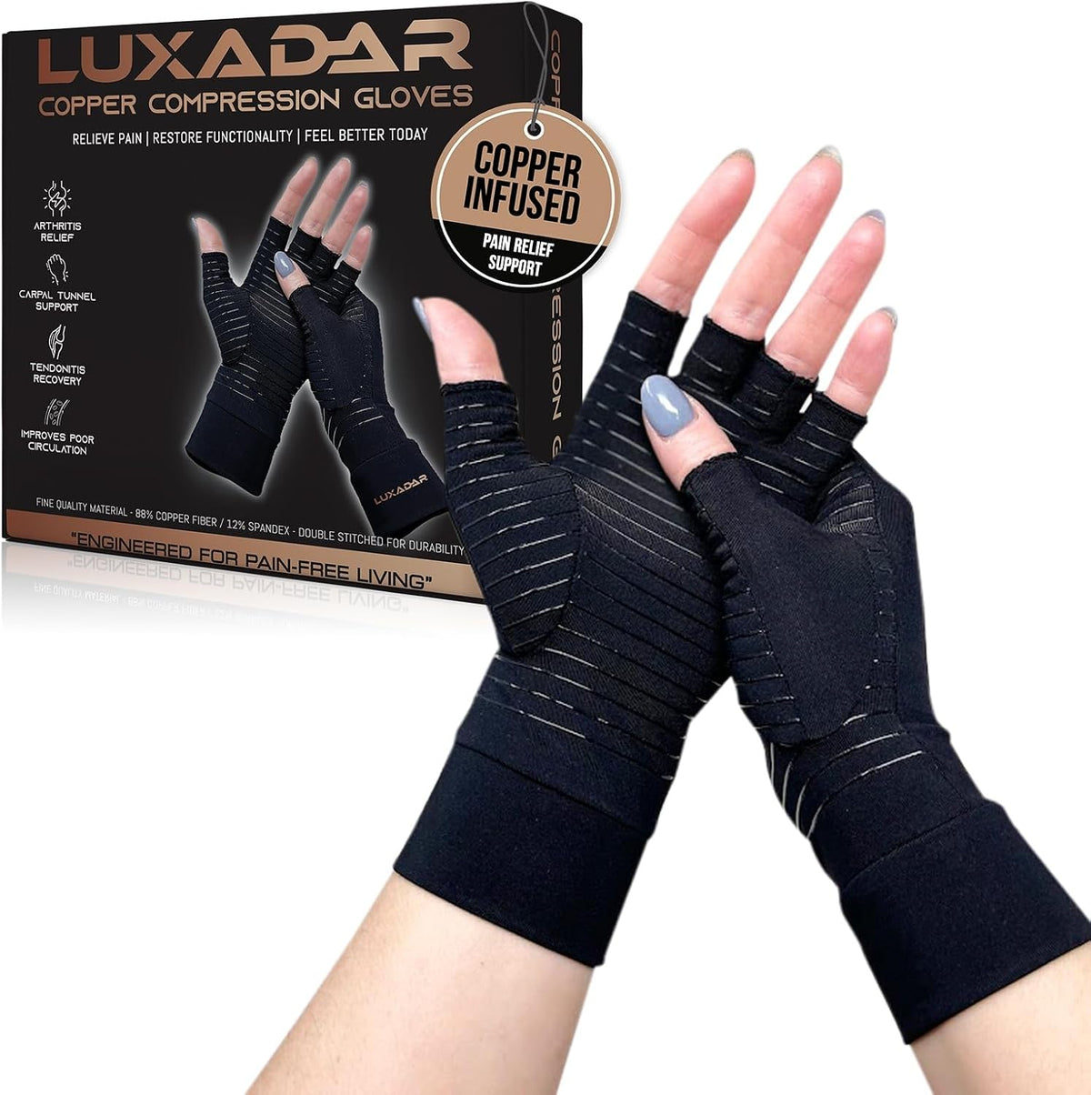 Copper Fingerless Compression Gloves for Hand & Wrist Support