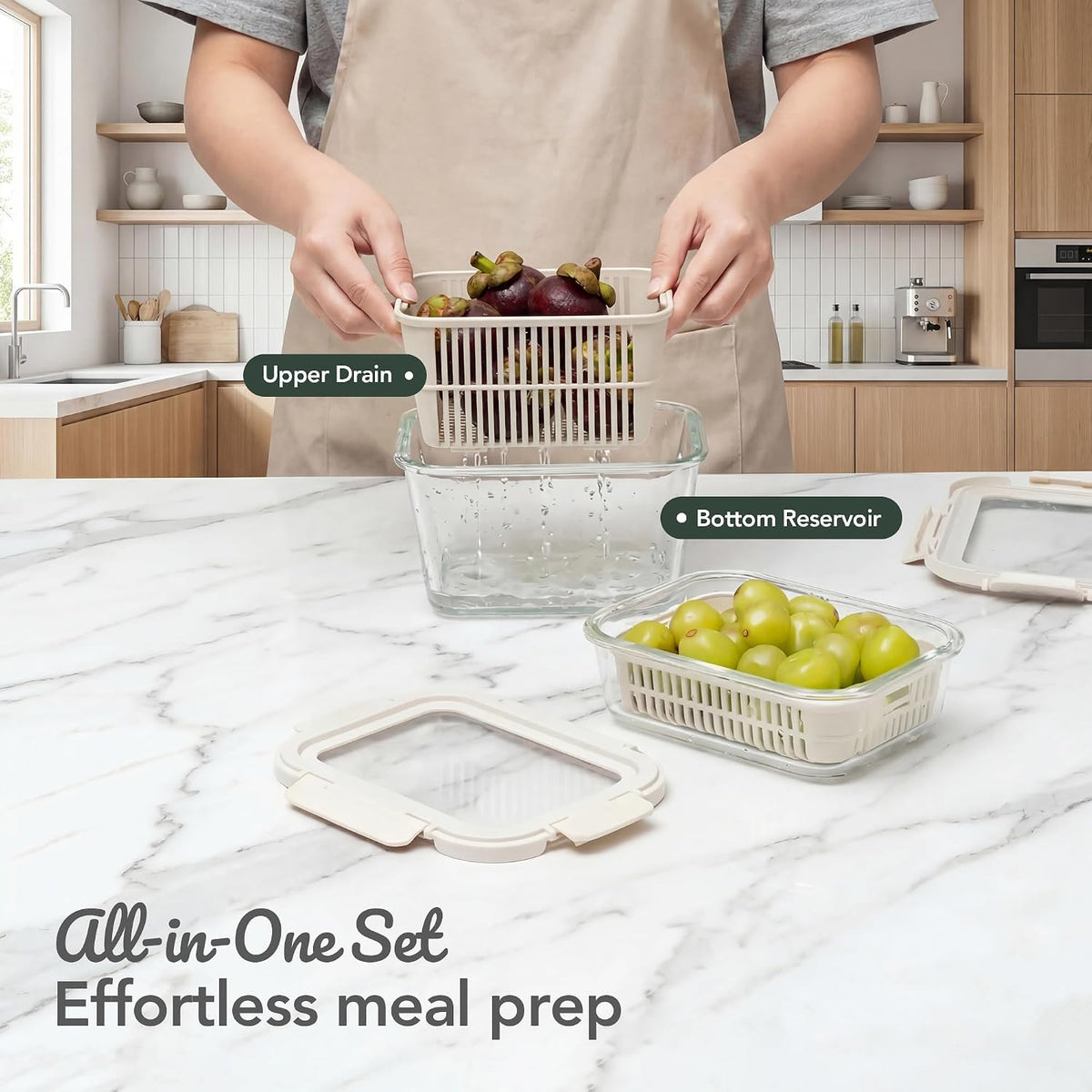 Glass Produce Storage Containers with Airtight Colander System