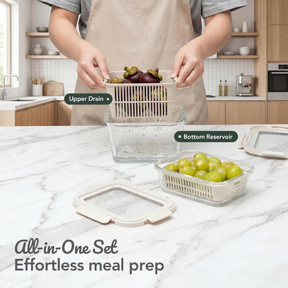 Glass Produce Storage Containers with Airtight Colander System
