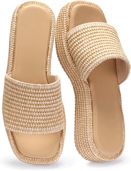 Raffia Espadrille Platform Sandals - Woven Flatform Slides