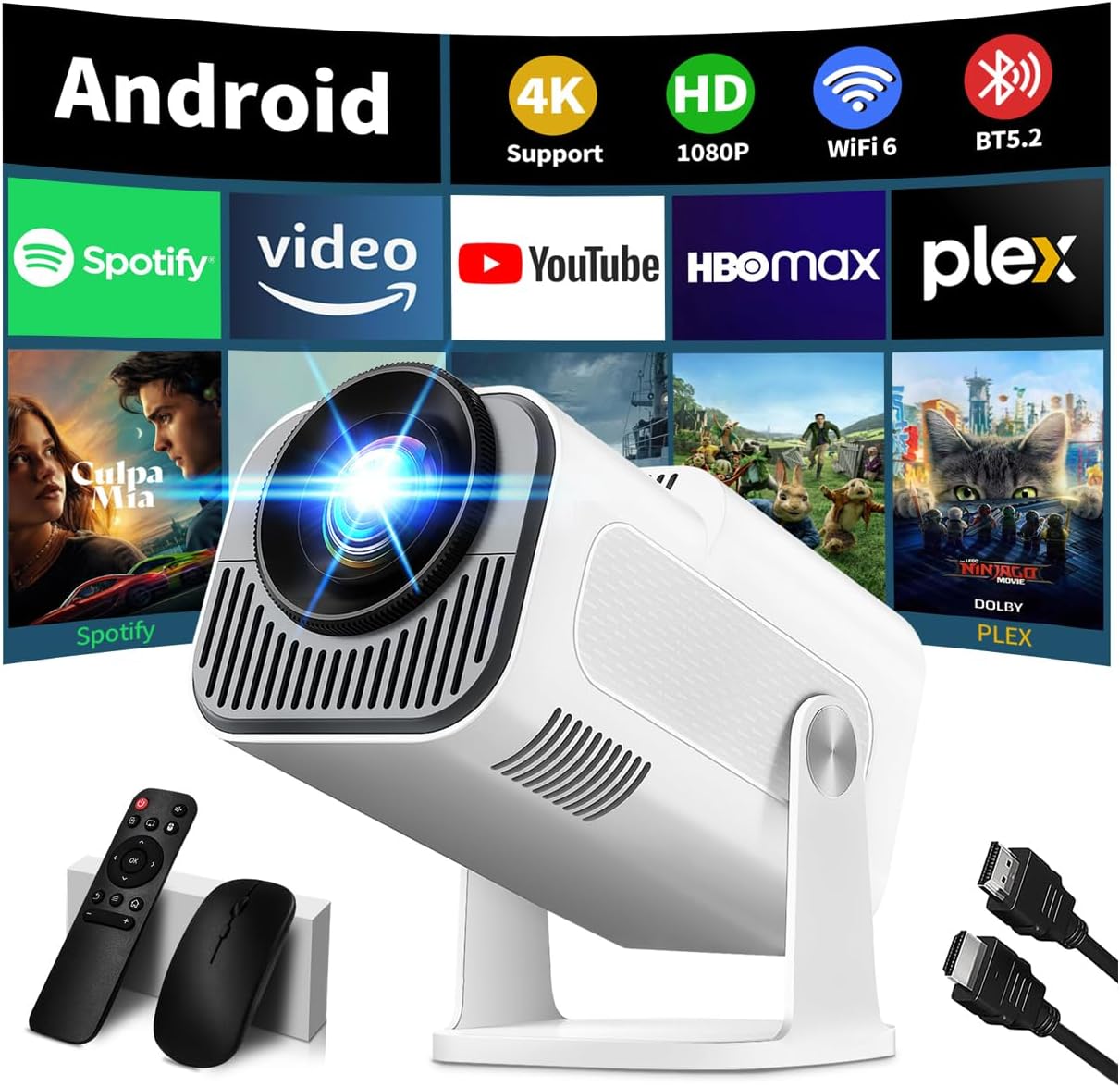 Mini Projector 4K 1080P WiFi 6 Bluetooth Rotatable Portable