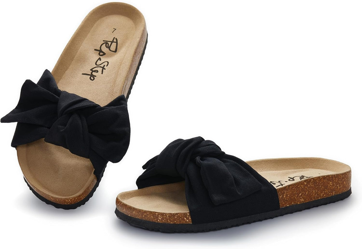 Women's Cork Footbed Slide Sandals with Bow Tie Detail