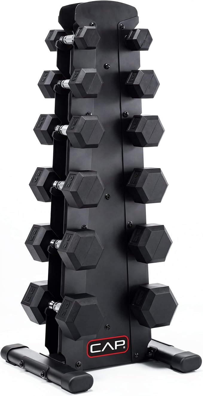 Rubber Hex Dumbbell Set with Vertical Rack | 100-210 lb