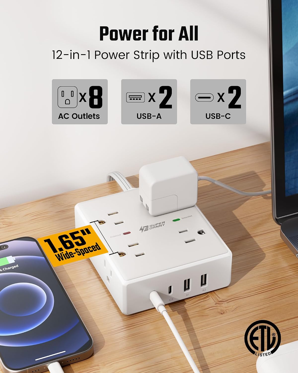 Flat Plug Surge Protector Power Strip | 8 AC + 4 USB Ports