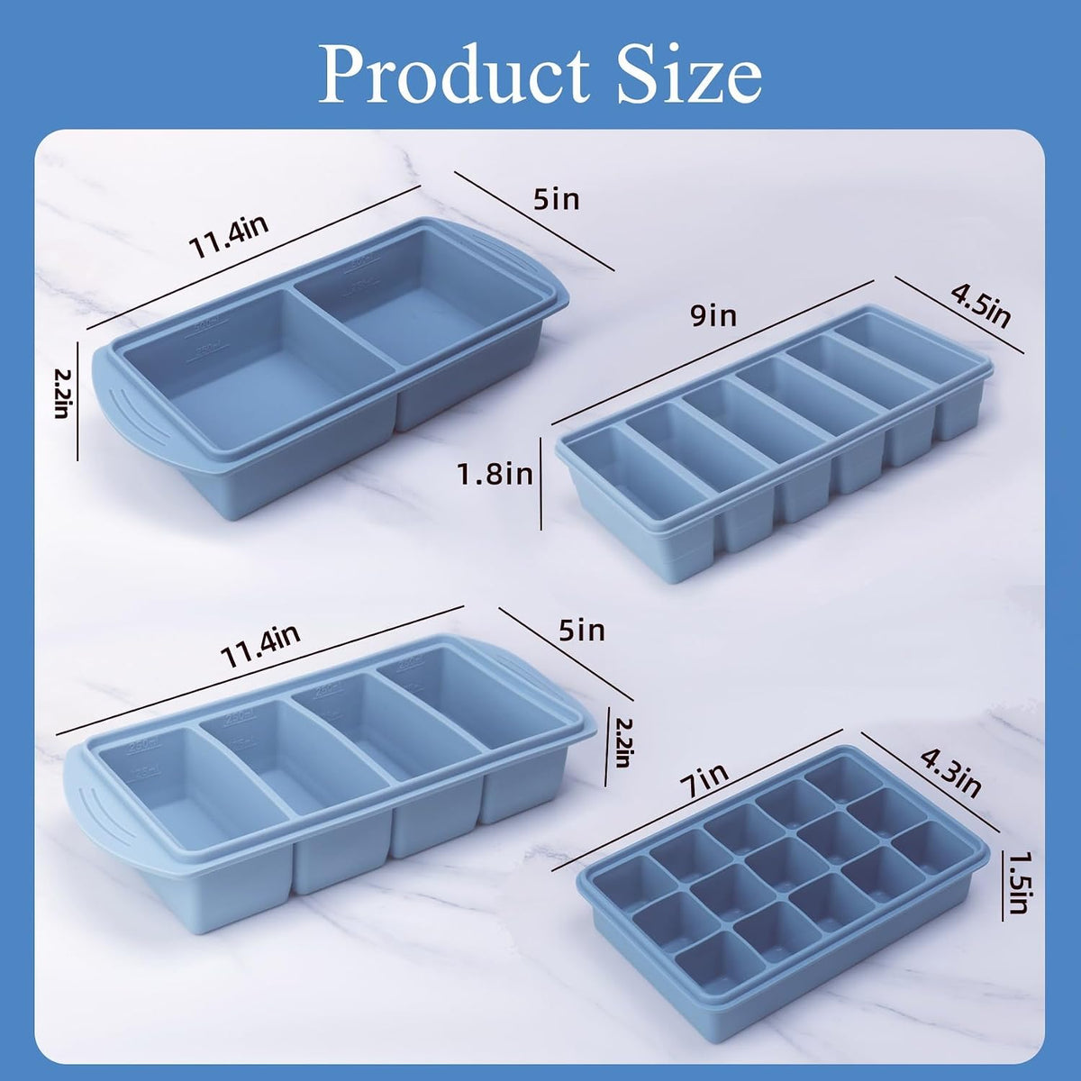 Silicone Freezer Molds Set - 4 Sizes with Lids for Meal Prep