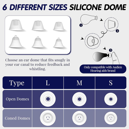 Hearing Amplifier Accessories Kit – Compatible with Audien Atom, Atom Pro & Atom 2 Hearing Amplifiers – Cleaning Tools Set with Silicone Domes (6 Sizes), Wax Guards, Brush, Screwdriver & Carry
