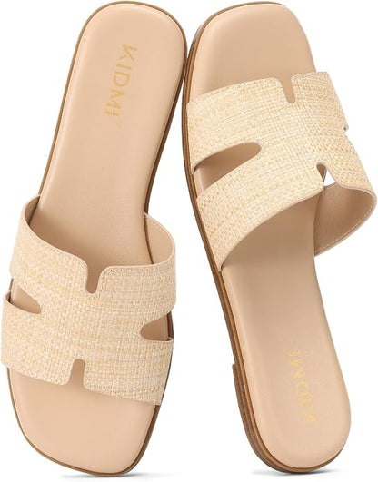 Premium Leather Slide Sandals | Cushioned Square Toe Flats