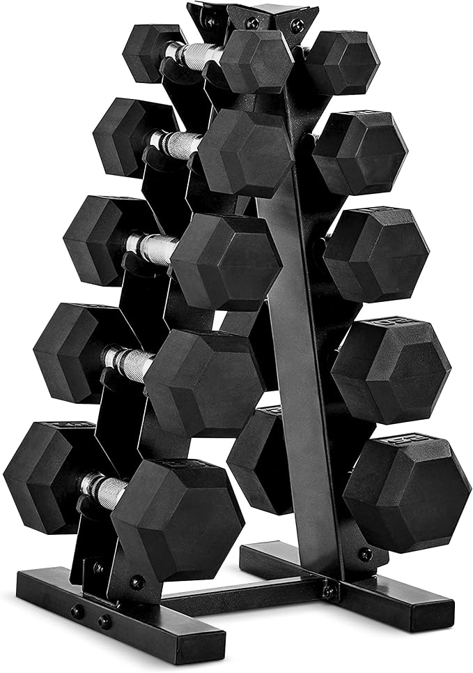 Rubber Hex Dumbbell Set with Vertical Rack | 100-210 lb