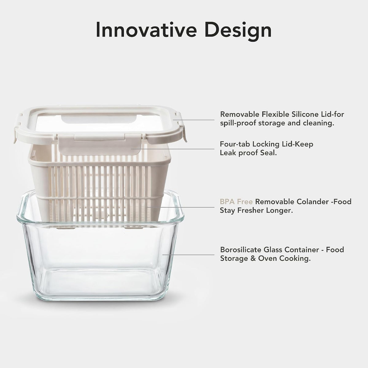 Glass Produce Storage Containers with Airtight Colander System