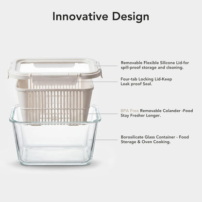 Glass Produce Storage Containers with Airtight Colander System