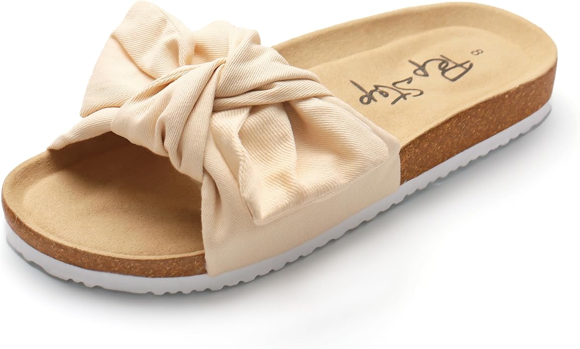 Women's Cork Footbed Slide Sandals with Bow Tie Detail